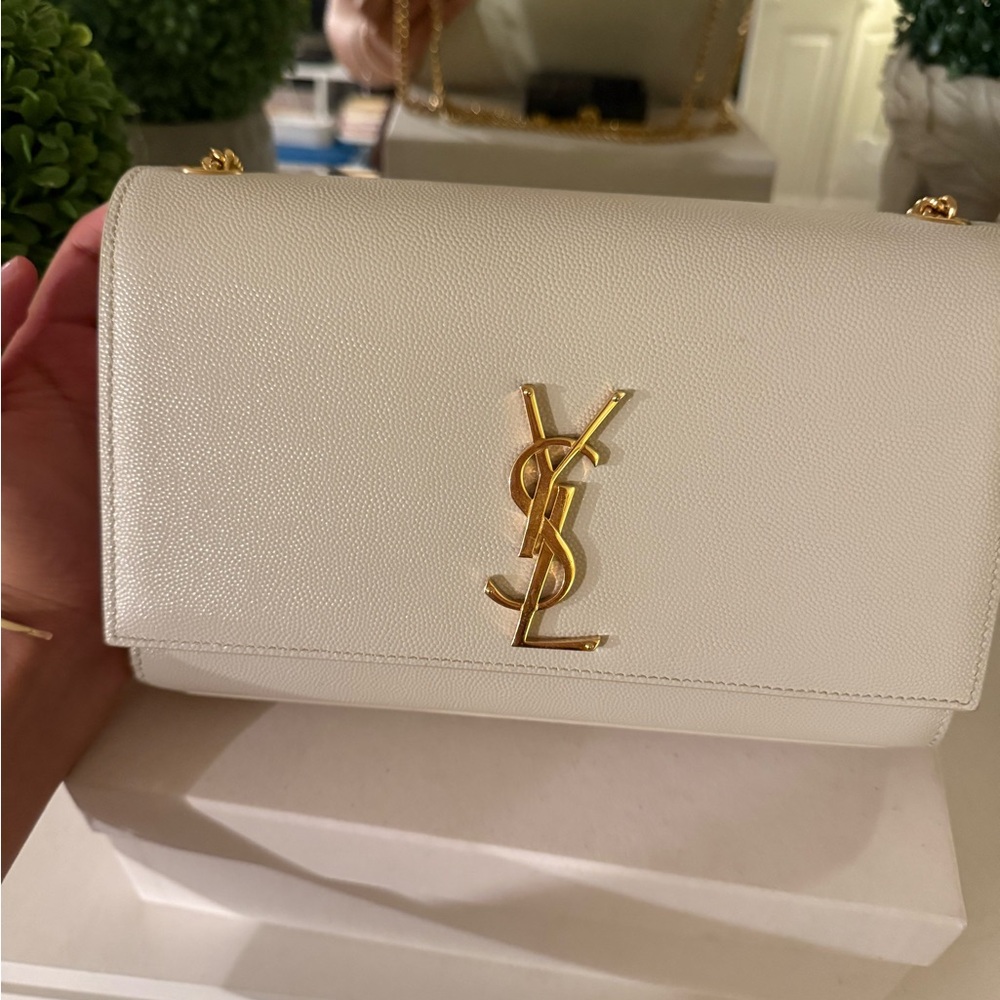 Yves Saint Laurent Kate Medium White Crossbody Bag with Gold Accents